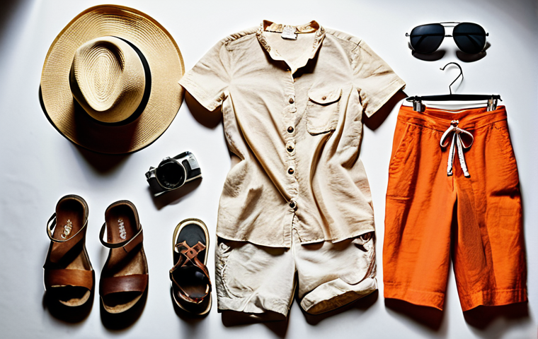 **Image Prompt:** A collection of lightweight, breathable clothing (cotton shirts, linen shorts, a couple of pareos) laid out next to comfortable walking shoes (sandals and sneakers). Sunscreen, a wide-brimmed hat, and insect repellent are also visible. The overall impression is of packing for a tropical vacation.