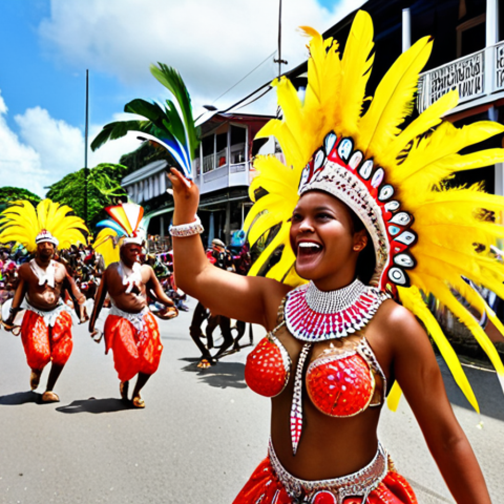 A vibrant, kaleidoscopic street carnival parade in Paramaribo, Suriname. Elaborate, glittering costumes adorned with abundant feathers and intricate patterns, showcasing a dynamic fusion of African, Indian, and Creole cultural influences. Joyful dancers of all ages moving energetically amidst beautifully decorated UNESCO World Heritage colonial wooden buildings. The scene is bursting with colors, exuding a sense of ecstatic celebration, cultural pride, and community spirit. Dynamic, high-resolution, vivid, tropical lighting.