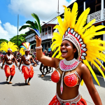 A vibrant, kaleidoscopic street carnival parade in Paramaribo, Suriname. Elaborate, glittering costumes adorned with abundant feathers and intricate patterns, showcasing a dynamic fusion of African, Indian, and Creole cultural influences. Joyful dancers of all ages moving energetically amidst beautifully decorated UNESCO World Heritage colonial wooden buildings. The scene is bursting with colors, exuding a sense of ecstatic celebration, cultural pride, and community spirit. Dynamic, high-resolution, vivid, tropical lighting.