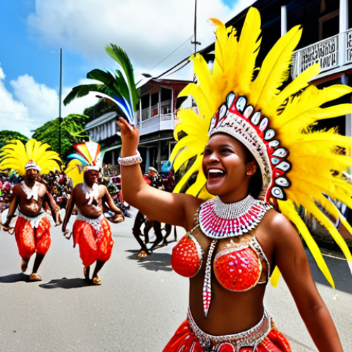 A vibrant, kaleidoscopic street carnival parade in Paramaribo, Suriname. Elaborate, glittering costumes adorned with abundant feathers and intricate patterns, showcasing a dynamic fusion of African, Indian, and Creole cultural influences. Joyful dancers of all ages moving energetically amidst beautifully decorated UNESCO World Heritage colonial wooden buildings. The scene is bursting with colors, exuding a sense of ecstatic celebration, cultural pride, and community spirit. Dynamic, high-resolution, vivid, tropical lighting.