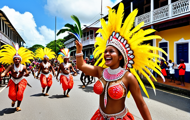 A vibrant, kaleidoscopic street carnival parade in Paramaribo, Suriname. Elaborate, glittering costumes adorned with abundant feathers and intricate patterns, showcasing a dynamic fusion of African, Indian, and Creole cultural influences. Joyful dancers of all ages moving energetically amidst beautifully decorated UNESCO World Heritage colonial wooden buildings. The scene is bursting with colors, exuding a sense of ecstatic celebration, cultural pride, and community spirit. Dynamic, high-resolution, vivid, tropical lighting.