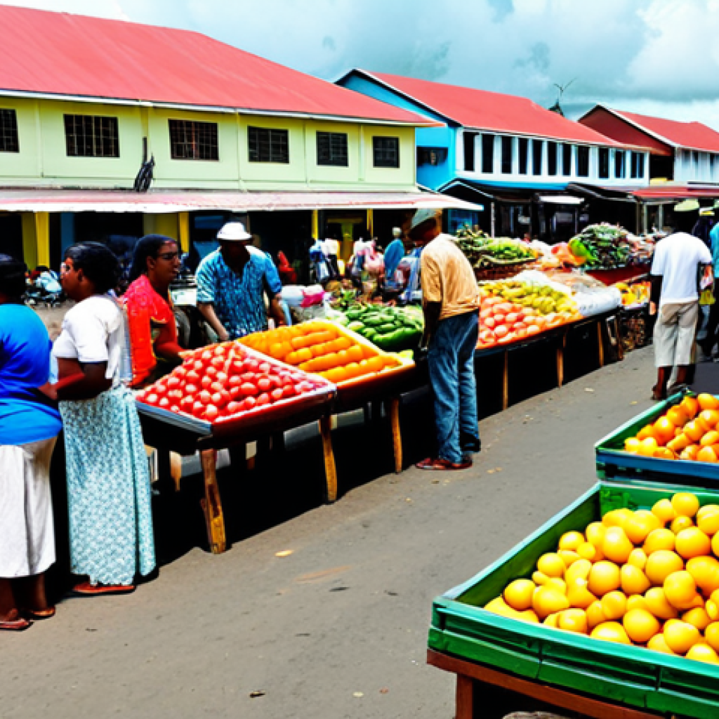 수리남의 치명적인 범죄 및 사건사고 - Market Scene**
"A bustling marketplace in Paramaribo, Suriname, during the daytime. Vendors selling...