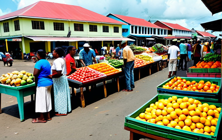 수리남의 치명적인 범죄 및 사건사고 - Market Scene**
"A bustling marketplace in Paramaribo, Suriname, during the daytime. Vendors selling...