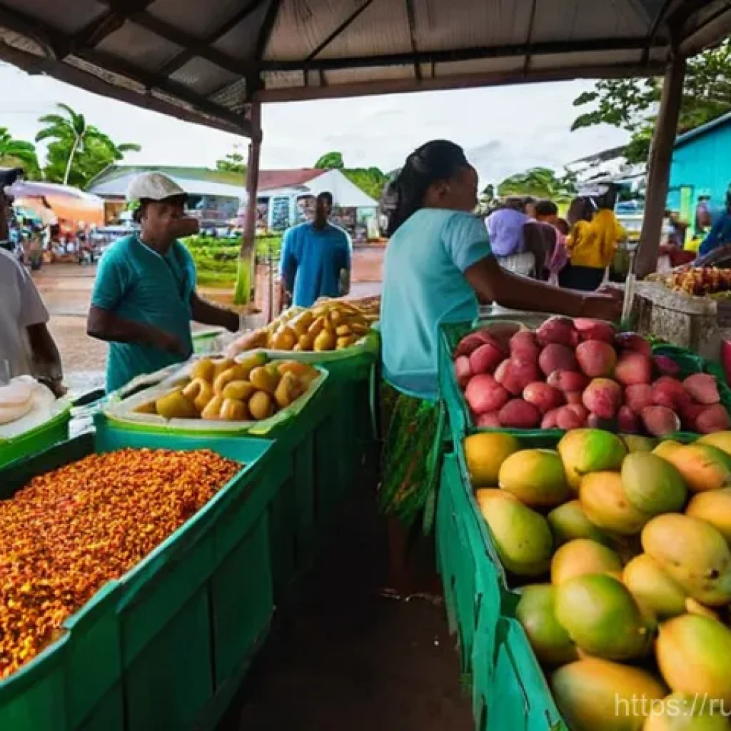 수리남에서 유기농 및 친환경 제품 찾기 - **Vibrant Paramaribo Morning Market:** A wide-angle, highly detailed photograph capturing the bustli...