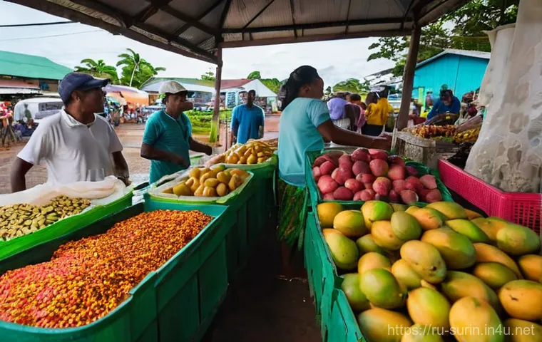 수리남에서 유기농 및 친환경 제품 찾기 - **Vibrant Paramaribo Morning Market:** A wide-angle, highly detailed photograph capturing the bustli...