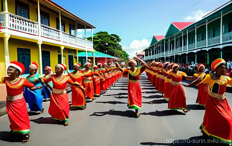 수리남의 주요 종교와 문화 - **Vibrant Paramaribo: A Tapestry of Cultures and Faiths**
    An intricately detailed street scene i...