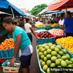 Home 22 수리남의 대표적인 시장과 쇼핑 명소 - A vibrant street market scene in Paramaribo, Suriname, bustling with diverse vendors selling fresh t...