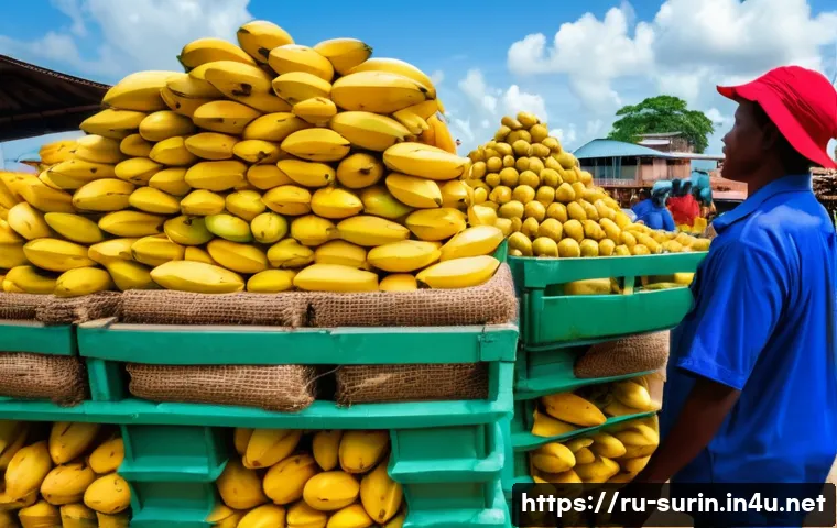 수리남과 카리브 해 국가와의 관계 - A vibrant market scene in Suriname showcasing the export of agricultural products like ripe bananas,...