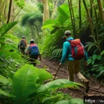Home 20 수리남에서 즐길 수 있는 액티비티 - A lush tropical Surinamese jungle scene with dense green foliage, exotic birds perched on branches, ...