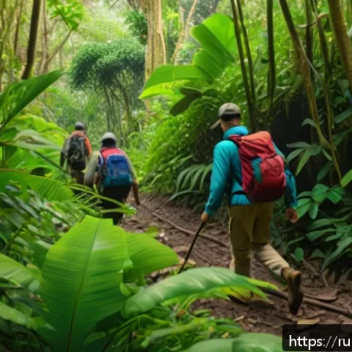 Home 32 수리남에서 즐길 수 있는 액티비티 - A lush tropical Surinamese jungle scene with dense green foliage, exotic birds perched on branches, ...