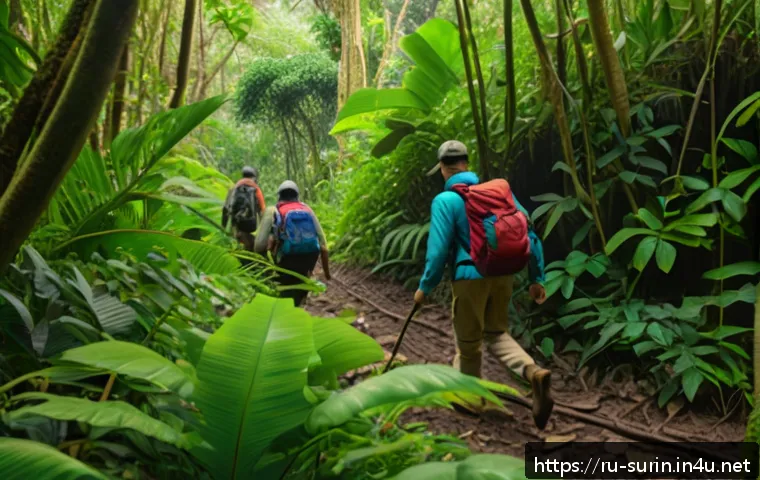 수리남에서 즐길 수 있는 액티비티 - A lush tropical Surinamese jungle scene with dense green foliage, exotic birds perched on branches, ...