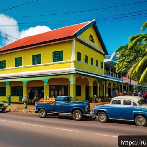 Home 31 수리남과 남미 타 국가 비교 - A vibrant street scene in Paramaribo, Suriname, showcasing a harmonious blend of colonial Dutch arch...