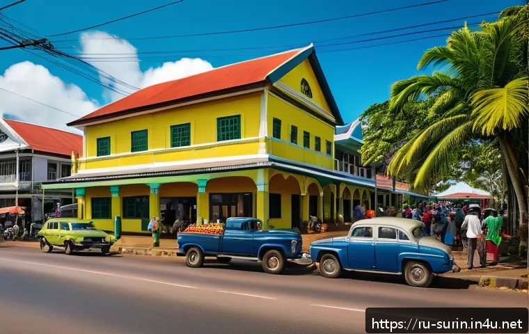 수리남과 남미 타 국가 비교 - A vibrant street scene in Paramaribo, Suriname, showcasing a harmonious blend of colonial Dutch arch...