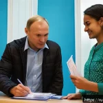 Home 18 수리남 입국 비자 정보 - A detailed scene of a Russian tourist couple at the Surinamese embassy in Moscow submitting their vi...