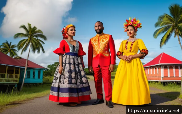 수리남의 영화 산업과 인기 작품 - A vibrant Surinamese film set blending traditional and modern elements: colorful local costumes with...